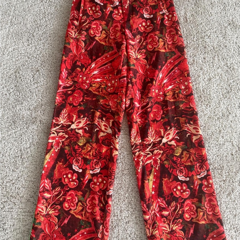 Floral Red Velvet Pants